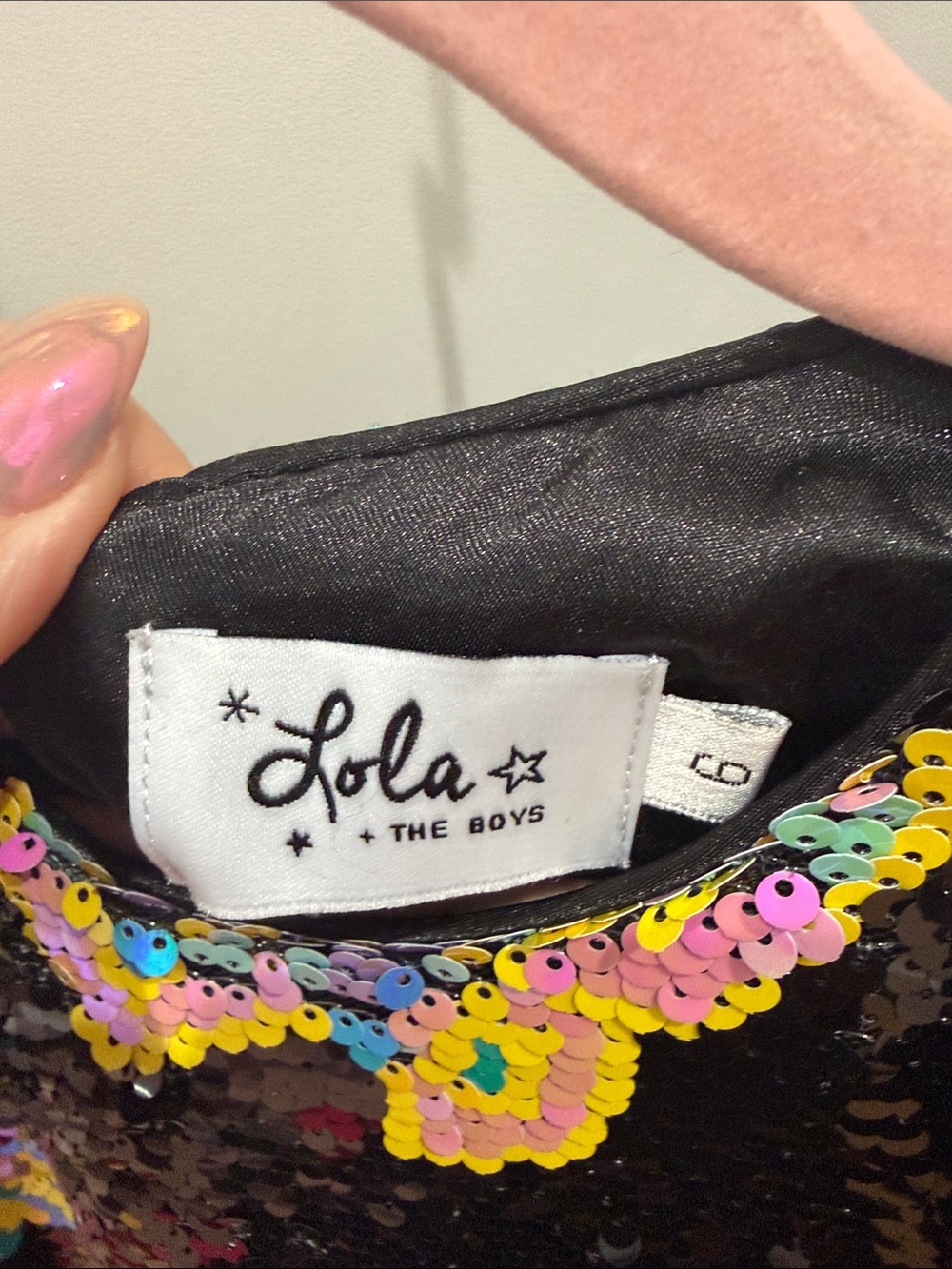 Lola + The Boys Black Sequin Dress with Yellow, Blue and Pink Butterfly Accents - Picture 2 of 3